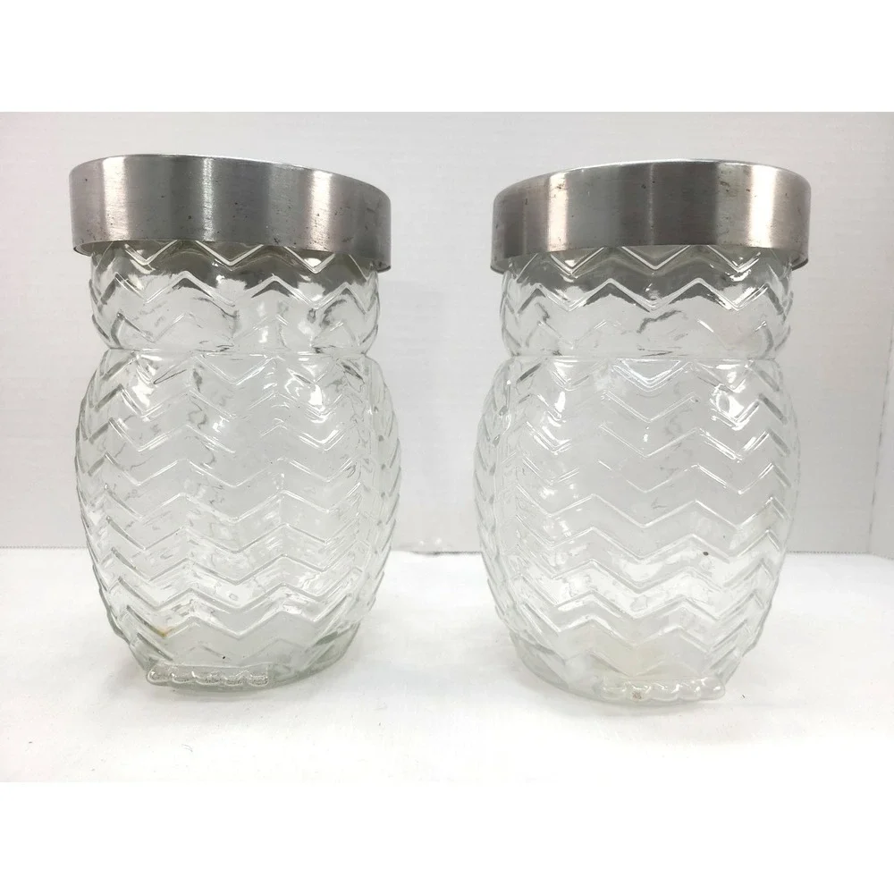 2 Circleware Owl Clear Glass Canister Silver Metal Lid 42oz Embossed